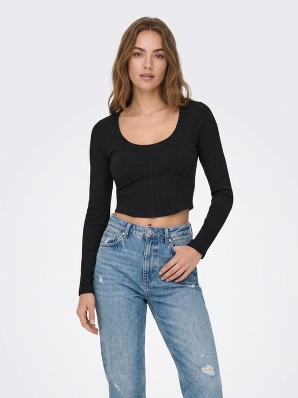 ZARA Black Ribbed Long-Sleeve Cropped Bustier Top Cotton Scoop Neckline